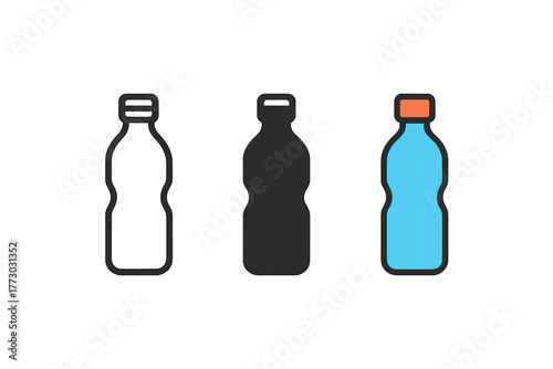 Minimalist Water Bottle Icon. Minimalist water bottle icon: three identical slim bottles with caps in a row, first in line style