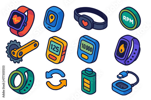 Fitness Tech Icons. Isometric vector illustration set Fitness and Workout Essentials: fitness smartwatch, GPS tracker, chest strap