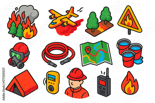 Wildfire Emergency Icons. Isometric vector illustration set Wildfire Emergency: burning forest, fire retardant drop plane,