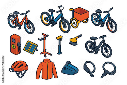 Electric Bike Icons. Isometric vector illustration set electric bicycle: step-through hybrid e-bike, electric mountain fat bike,