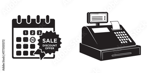 Black and White Sale Calendar and Cash Register Retail Icons