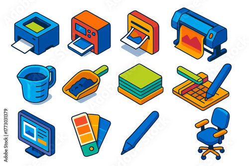 Isometric Printing Essentials. Isometric vector illustration set 2D printing, design, and technology: monochrome laser printer,