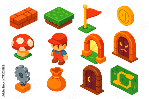 Colorful Gaming Icons. Isometric vector illustration set Gaming: platformer brick block, moving platform, checkpoint flag,