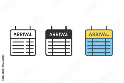 Minimalist Arrival Board Icons. Minimalist arrival board icon: three identical digital arrival board icons in a row, first in line