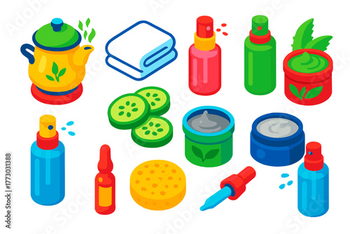 Wellness and Beauty Essentials. Isometric vector illustration set Wellness, Relaxation, and Beauty Essentials: herbal steam pot,