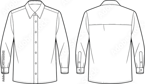 Long sleeve button up shirt technical flat front and back sketch, fashion apparel template outline, classic collar clothing design mockup