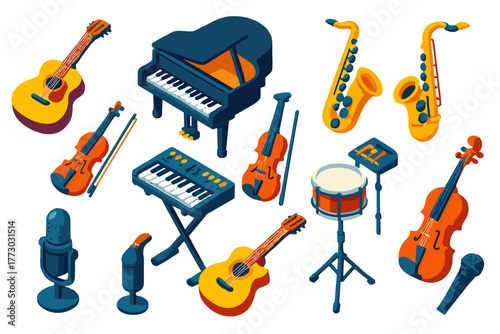 Colorful Musical Instruments. Isometric vector illustration set music instruments: dreadnought acoustic guitar, baby grand