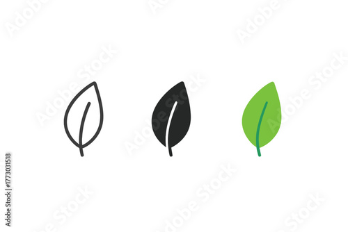 Minimalist Tea Leaves. Minimalist tea leaf icon: three identical tea leaves in a row, first in line style with thin outline,
