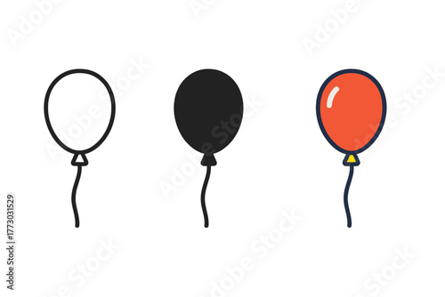 Minimalist Balloon Trio. Minimalist balloon icon: three identical round balloons with strings in a row, first in line style with