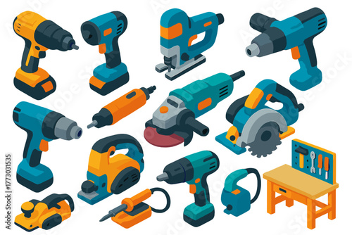 Workshop Power Tools. Isometric vector illustration set Workshop Power Tools: electric drill, angle grinder, jigsaw, heat gun,