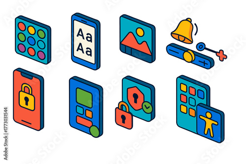 Device Personalization Icons. Isometric vector illustration set Personalization Settings: theme color palette, font selection menu