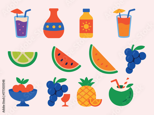  Bright flat   set of tropical fruits and drinks including watermelon, lime, grapes, pineapple, coconut, and colorful beverages, representing a fun summer vibe with bold modern colors.