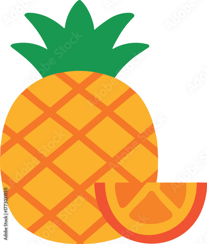    Colorful flat vector illustration of a pineapple with a juicy orange slice, symbolizing tropical freshness and vibrant summer energy in a minimal modern style.