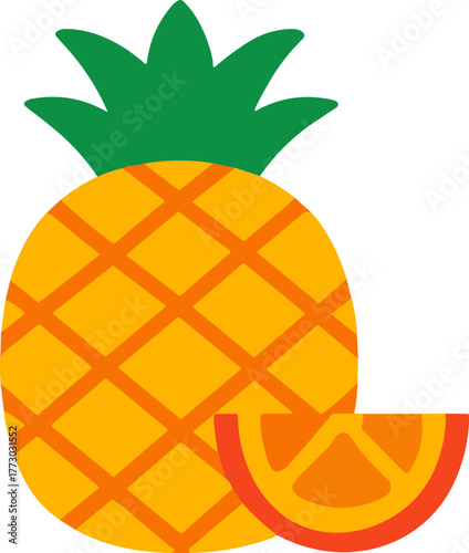  Colorful flat   illustration of a pineapple with a juicy orange slice, symbolizing tropical freshness and vibrant summer energy in a minimal modern style.