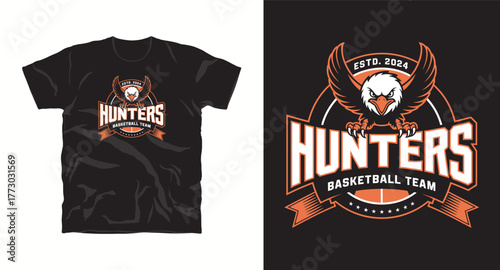 Hunters Basketball Team T-Shirt Design Vector Illustration with Eagle Mascot for Sport Apparel and Merchandise
