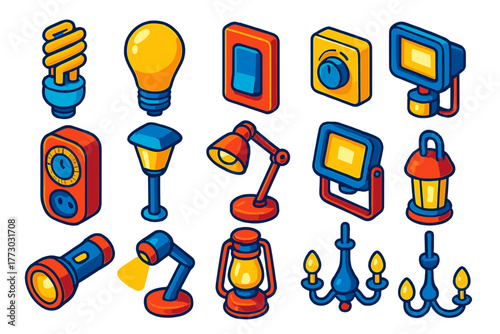 Sustainable Energy Icons. Isometric vector illustration set Energy and Sustainability: energy-efficient light bulb, LED lamp,