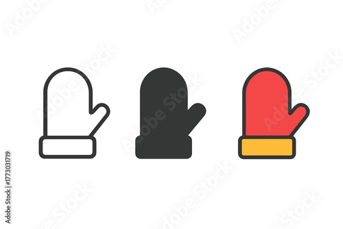 Minimalist Mitten Icons. Minimalist mitten icon: three identical winter mittens with a thumb side in a row, first in line style