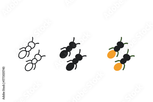Ant Trail Icons. Minimalist ant trail icon: three identical ant trails in a row, first in line style with thin outline, second in
