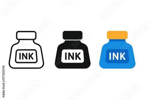 Ink Bottle Trio. Minimalist ink type icon: three identical ink bottle icons in a row, first in line style with thin outline,