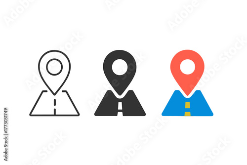 GPS Pin Trio. Minimalist navigation icon: three identical GPS pin with road icons in a row, first in line style with thin outline,