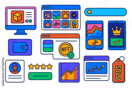 NFT Marketplace Features. Isometric vector illustration set NFT Marketplace Features: marketplace homepage, trending NFTs grid,