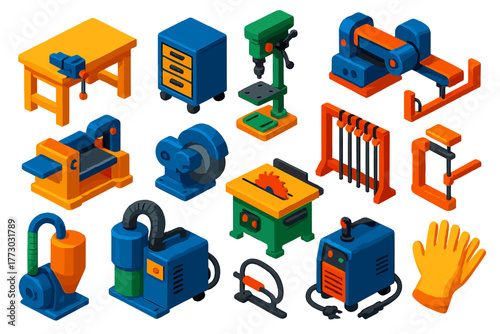 Workshop Tools Icons. Isometric vector illustration set Workshop Tools: workbench, bench vise, tool chest, drill press, belt