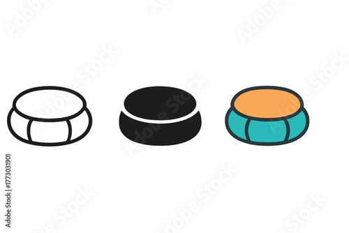 Meditation Cushion Icons. Minimalist meditation room icon: three identical meditation cushion icons in a row, first in line style