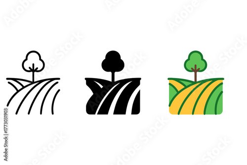 Minimalist Vineyard Icons. Minimalist vineyard icon: three identical vineyard row icons in a row, first in line style with thin