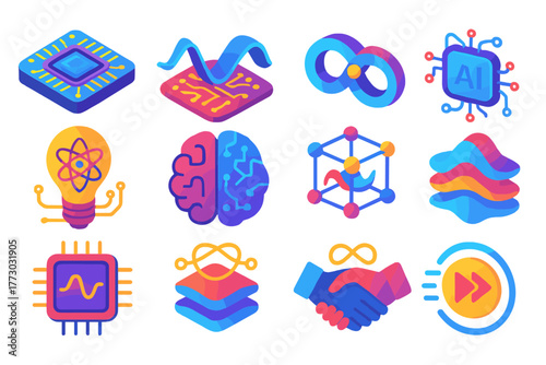 Quantum Innovation Icons. Isometric vector illustration set Quantum Innovation Symbols: futuristic quantum chip, light wave as