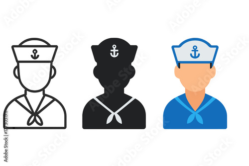 Minimalist Sailor Icons. Minimalist sailor icon: three identical sailor figure icons in a row, first in line style with thin