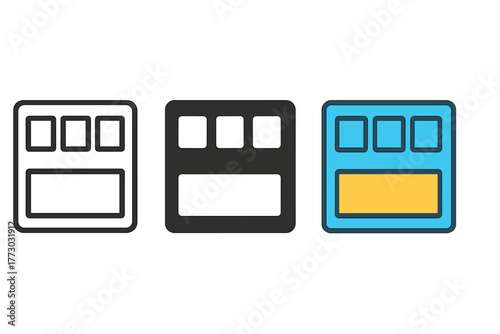 Storyboard Icon Variations. Minimalist storyboard panel icon: three identical storyboard frame icons in a row, first in line style