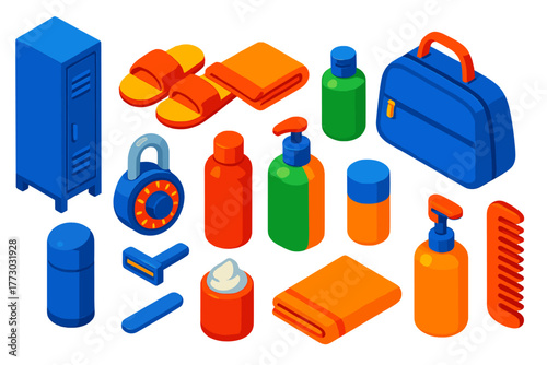 Fitness Essentials Icons. Isometric vector illustration set Fitness and Workout Essentials: gym locker, combination lock, shower