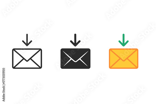 Minimalist Mail Icons. Minimalist mail receive icon: three identical envelopes with a small arrow pointing inward in a row, first