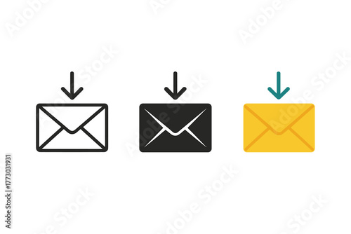 Minimalist Mail Icons. Minimalist mail receive icon: three identical envelopes with a small arrow pointing inward in a row, first