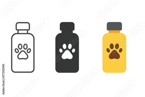 Varied Shampoo Iconography. Minimalist shampoo icon: three identical pet shampoo bottles icons in a row, first in line style with
