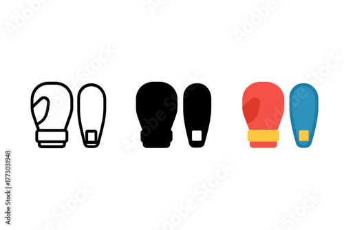 Minimalist Training Gear Icons. Minimalist training gear icon: three identical gloves and pads icons in a row, first in line style