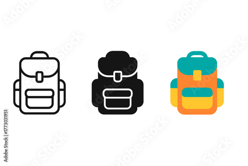 Minimalist Backpack Icons. Minimalist backpack icon: three identical hiking backpack icons in a row, first in line style with thin