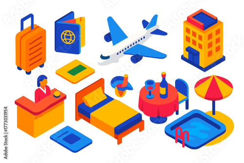 Travel Essentials Icons. Isometric vector illustration set Travel and Hospitality: suitcase, passport, boarding pass, airplane,