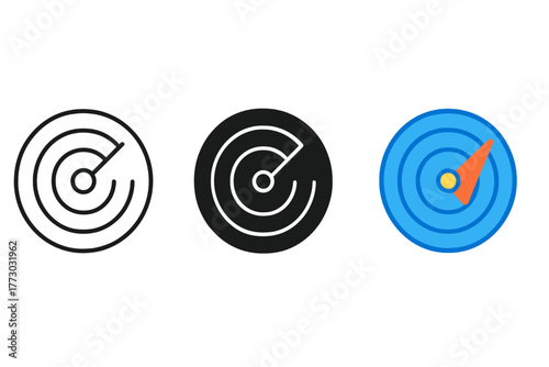 Sonar Screen Variations. Minimalist sonar screen icon: three identical sonar screen icons in a row, first in line style with thin