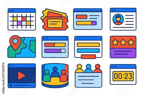 Vibrant Event Platform Icons. Isometric vector illustration set Event Management Platforms: event calendar, ticket booking system,