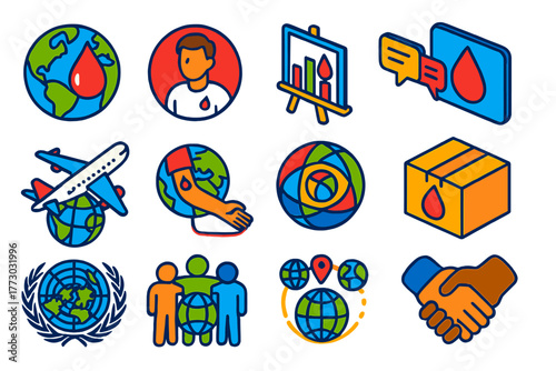 Global Blood Donation. Isometric vector illustration set Global Blood Donation: world map with drop, international donor badge,
