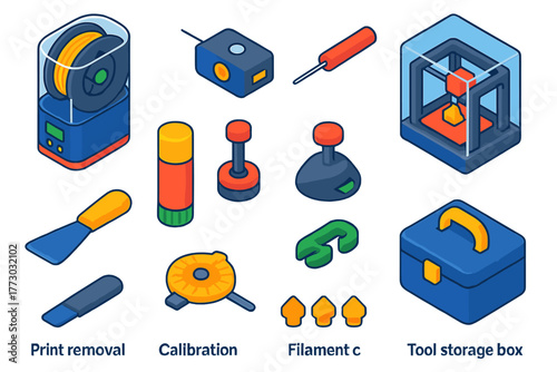 3D Printing Tools. Isometric vector illustration set 3D Printing Accessories: filament dryer, filament sensor, nozzle cleaning