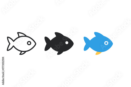 Minimalist Fish Icon. Minimalist fish icon: three identical fish silhouettes with fins and tail in a row, first in line style with