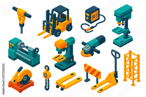 Industrial Tools Icons. Isometric vector illustration set Industrial Tools: jackhammer, forklift, welding machine, industrial