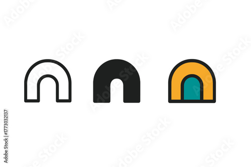 Ant Tunnel Evolution. Minimalist tunnel icon: three identical ant tunnels in a row, first in line style with thin outline, second