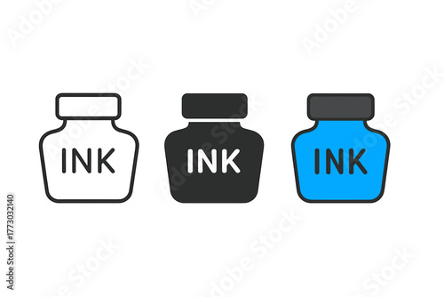 Ink Pot Trio. Minimalist ink pot icon: three identical ink pots in a row, first in line style with thin outline, second in solid
