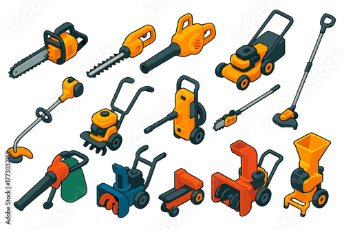 Colorful Garden Tools Icons. Isometric vector illustration set Tools: chainsaw, hedge trimmer, leaf blower, lawn mower, string