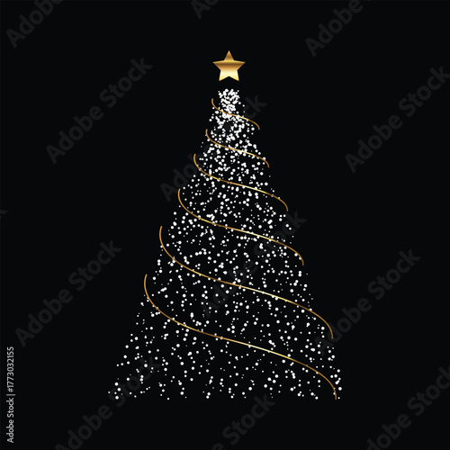 Abstract christmas tree silhouette formed by twinkling lights and musical notes against a dark background