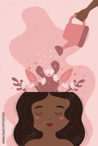 Mental health poster with girl with black skin and flowers growing in her head. Hand watering flowers. Self care concept.Psychological help banner. Mental growth theme.Flat style. Vector illustration.