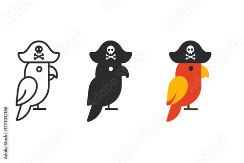 Pirate Parrot Trio. Minimalist pirate parrot icon: three identical colorful parrots in a row, first in line style with thin